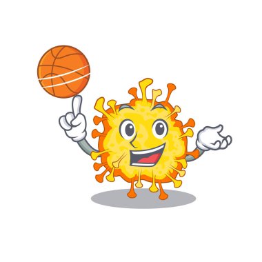 Basketbol oynayan sportif bir minacovirüs çizgi film maskotu tasarımı