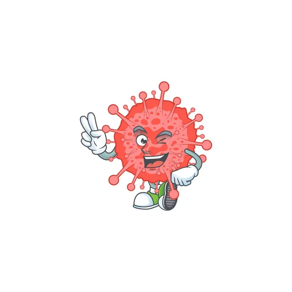 Gioioso Coronavirus Disastro Disegno Mascotte Mostrando Sue Due Dita Illustrazione — Vettoriale Stock