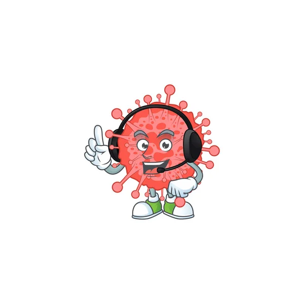 Μια Ελκυστική Έννοια Χαρακτήρα Μασκότ Coronavirus Καταστροφή Φορώντας Ακουστικά Εικονογράφηση — Διανυσματικό Αρχείο