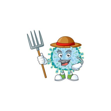 Çiftçi maskot tasarımında şapka ve dirgenli Coronavirus hastalığı. Vektör illüstrasyonu