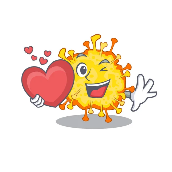 A romantic cartoon design of minacovirus holding heart — Stock Vector