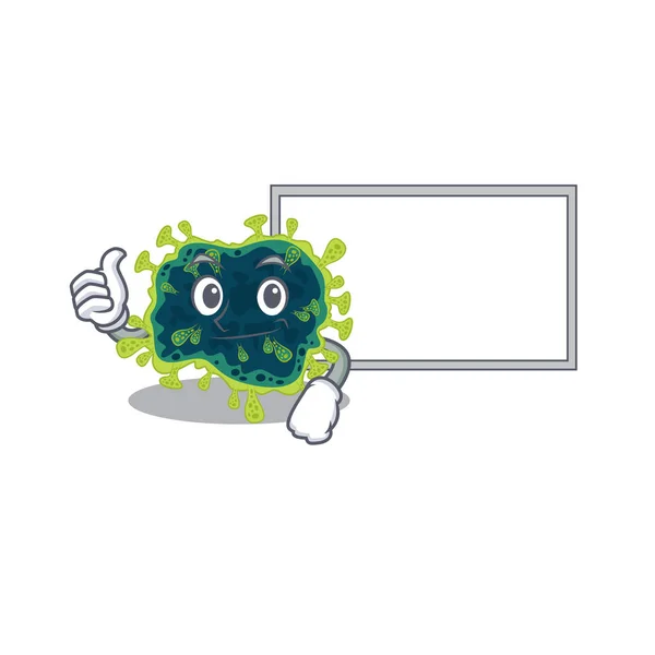 Χαριτωμένο beta coronavirus χαρακτήρα κινουμένων σχεδίων Thumbs up φέρει ένα λευκό πίνακα — Διανυσματικό Αρχείο
