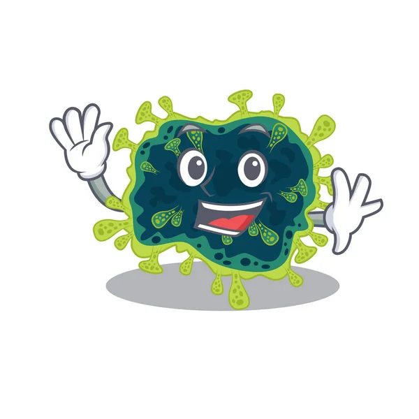 Smiley beta coronavirus cartoon mascot design with waving hand — Stock Vector