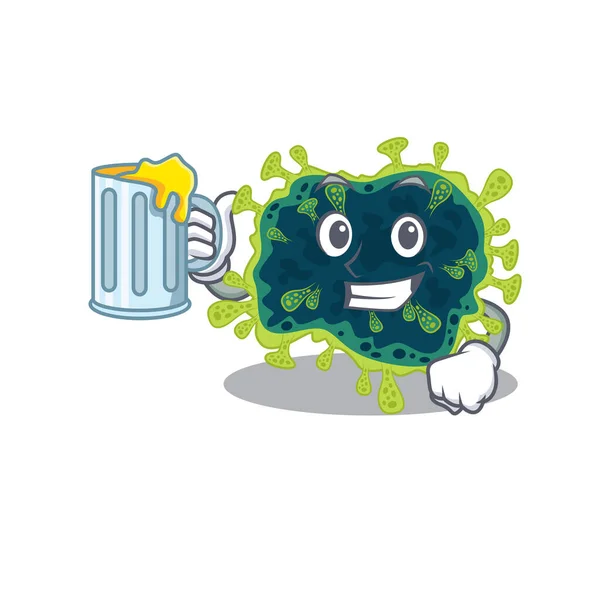 Glada beta coronavirus maskot design med ett glas öl — Stock vektor