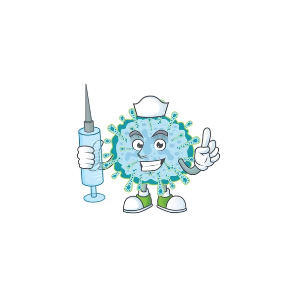 Pleasant Nurse Coronavirus Illness Mascot Design Style Using Syringe Vector — Stock Vector