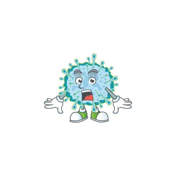 Maskot Design Coronavirus Sjukdom Gör Förvånad Gest Vektorillustration — Stock vektor