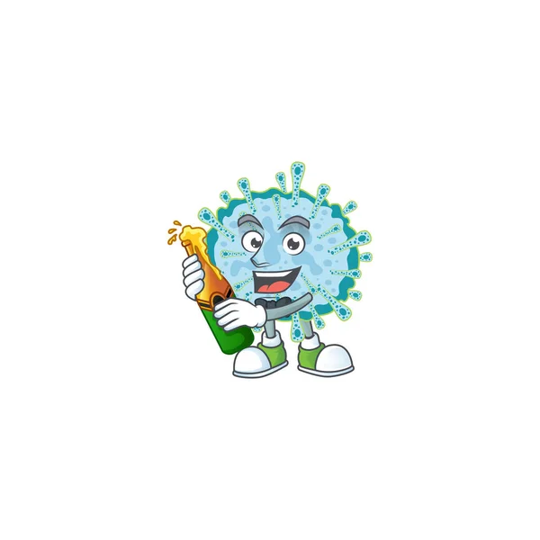 Mascota Diseño Dibujos Animados Enfermedad Coronavirus Con Botella Cerveza Ilustración — Vector de stock