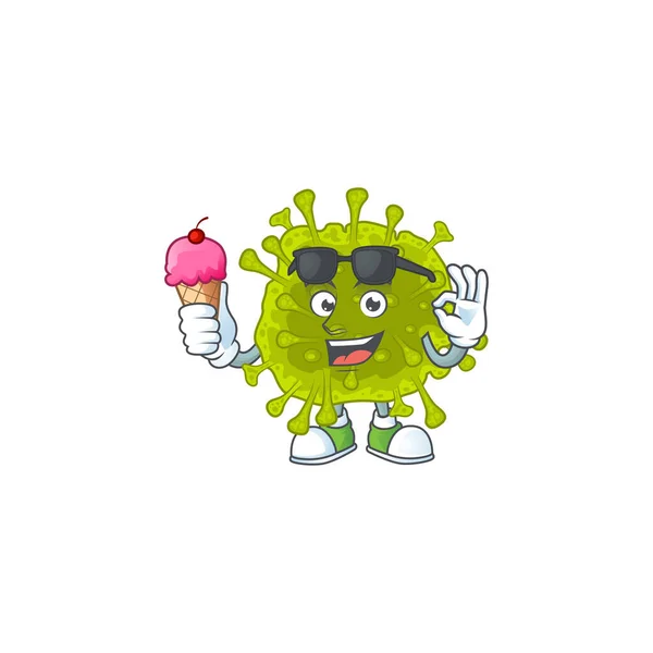 Personaggio dei cartoni animati di coronavirus diffusione godendo di un gelato — Vettoriale Stock