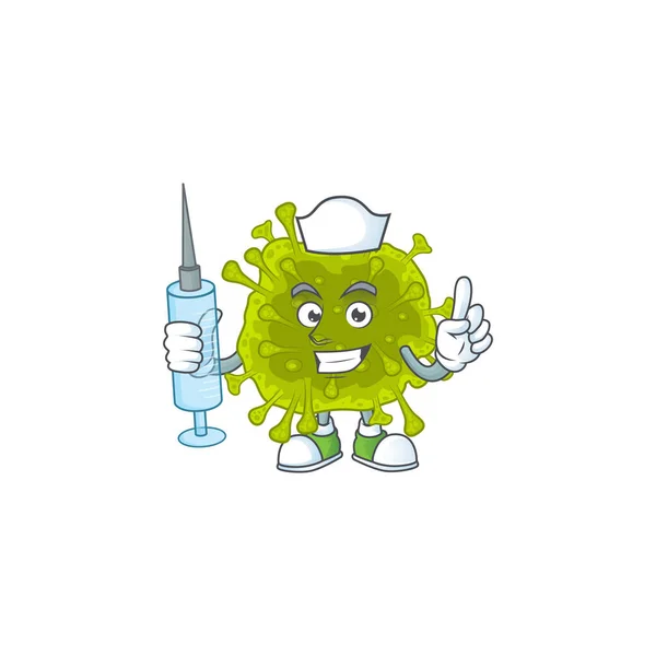 Coronavirus 'un hoş bir hemşiresi şırınga kullanarak maskot tasarımı yaptı. — Stok Vektör