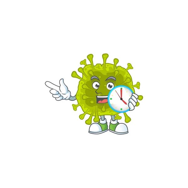 Kreslený postava styl veselý coronavirus šíří s hodinami — Stockový vektor