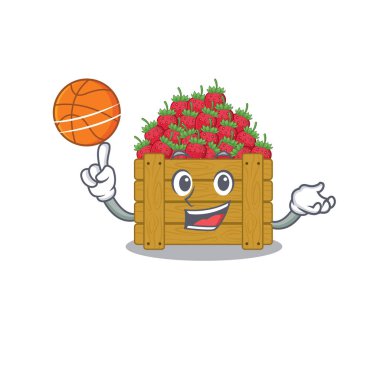 Basketbol oynayan sportif çilekli meyve kutusu çizgi film maskotu tasarımı. Vektör illüstrasyonu