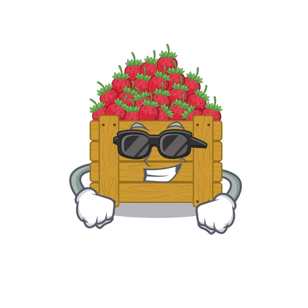 Super Cool Strawberry Fruit Box Mascot Character Wearing Black Glasses — Stock Vector