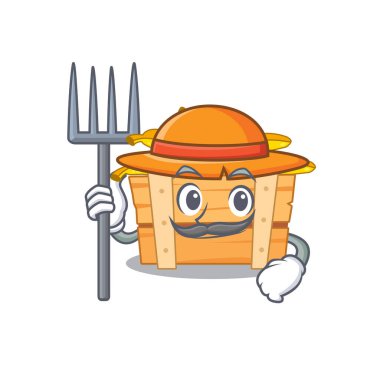 Çiftçi çizgi filminde şapkası ve yabası olan muzlu meyve kutusu.