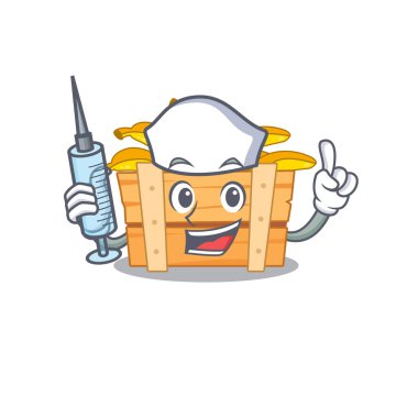 Muz kutusu maskot tasarımının dost canlısı hemşiresi elinde şırınga tutuyor.