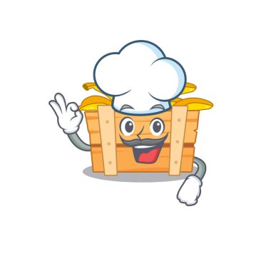 Beyaz şef şapkası takan tatlı bir muz meyve kutusu çizgi film karakteri.