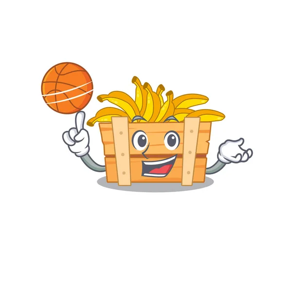 Une mascotte de boîte de fruits banane sportive dessin animé jouant au basket-ball — Image vectorielle