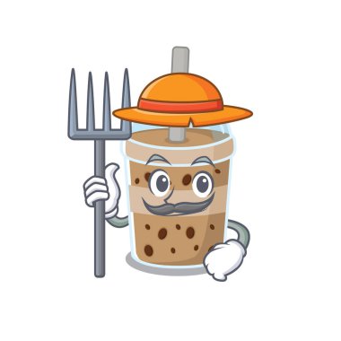 Çiftçi çizgi film karakteri şapkalı ve dirgenli çikolatalı çay.