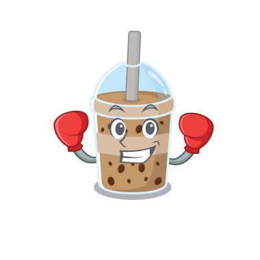 Spor çikolatalı baloncuklu çay boks maskotu tasarımı.