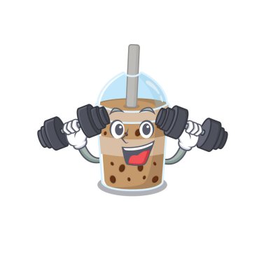 Smiley Fitness çikolata köpüklü çay egzersizi çizgi film karakteri halter kaldırıyor.