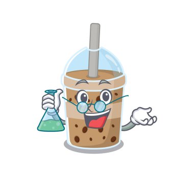 Elinde cam bir tüp tutan zeki çikolata balonu tasarımı profesörü.