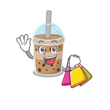 Mutlu çikolata köpüklü çay maskotu tasarımı el sallıyor ve alışveriş torbası tutuyor.