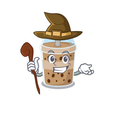 Şirin ve sinsi cadı çikolatalı baloncuk çay çizgi film tasarımı tarzı.