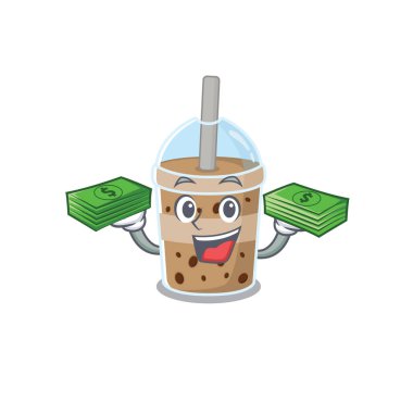 Mutlu yüzlü çikolata köpüklü öğretmen. Elinde para var.