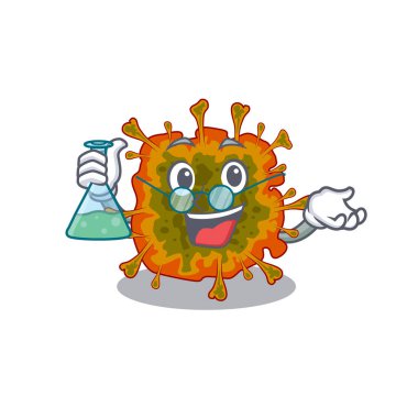 Zeki Duvinacovirus maskotu tasarımı profesörü elinde cam bir tüp tutuyor.