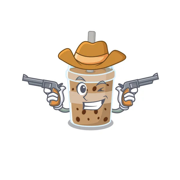 Divertido té de burbuja de chocolate como un personaje de dibujos animados vaquero sosteniendo armas — Vector de stock