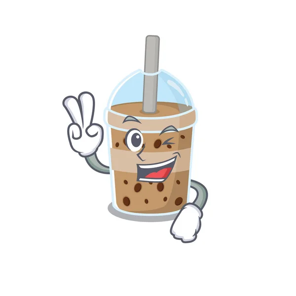 Alegre diseño de la mascota del té de burbuja de chocolate con dos dedos — Vector de stock
