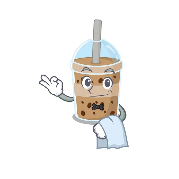 Ein Design von Schokolade Bubble Tea Cartoon-Figur arbeitet als Kellner — Stockvektor