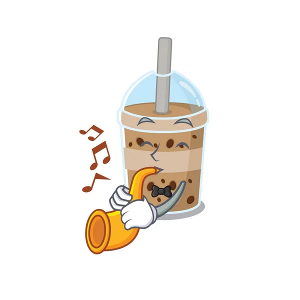 Choklad bubbla teacartoon karaktär design spelar en trumpet — Stock vektor