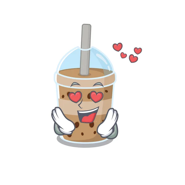 Χαριτωμένο σοκολάτα τσάι φούσκα χαρακτήρα κινουμένων σχεδίων δείχνει μια πτώση στο πρόσωπο αγάπη — Διανυσματικό Αρχείο