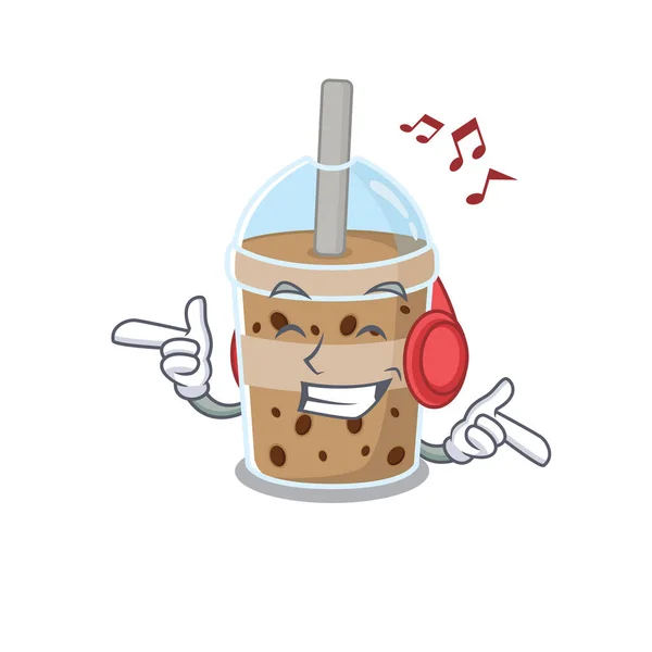 Gostando de música chocolate bolha chá desenho animado mascote design —  Vetores de Stock