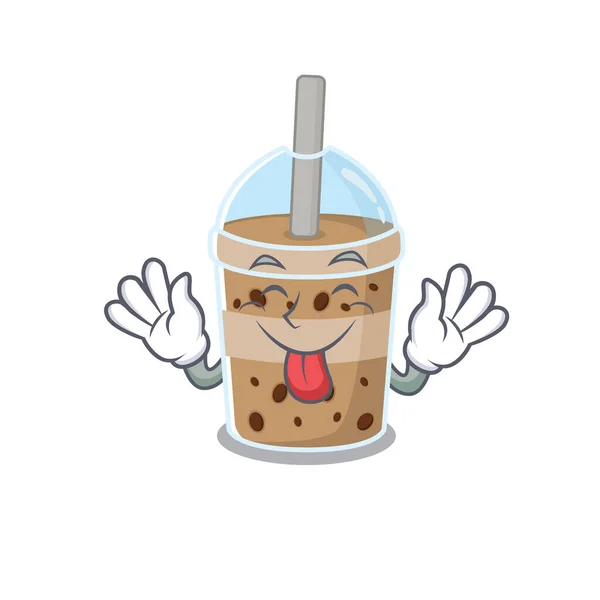 Cara engraçada bolha de chocolate chá mascote estilo de design com língua para fora —  Vetores de Stock