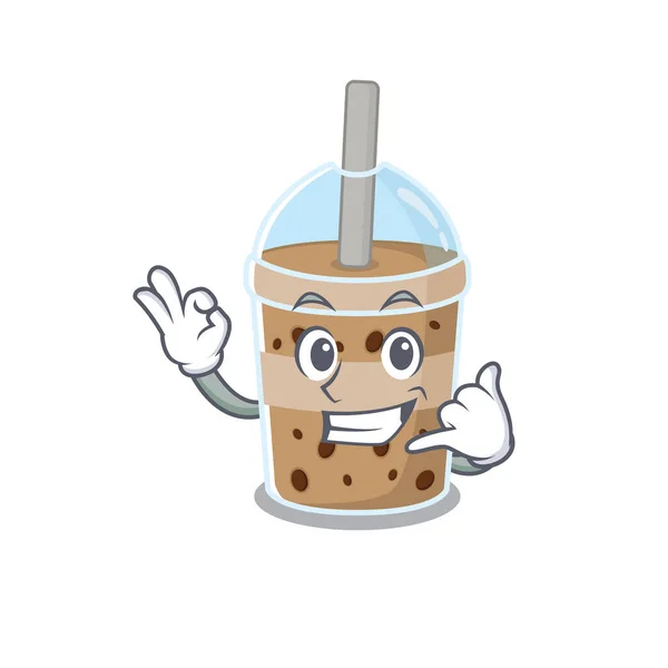 Schokolade Bubble Tea Maskottchen Cartoon-Design zeigt Call me Geste — Stockvektor