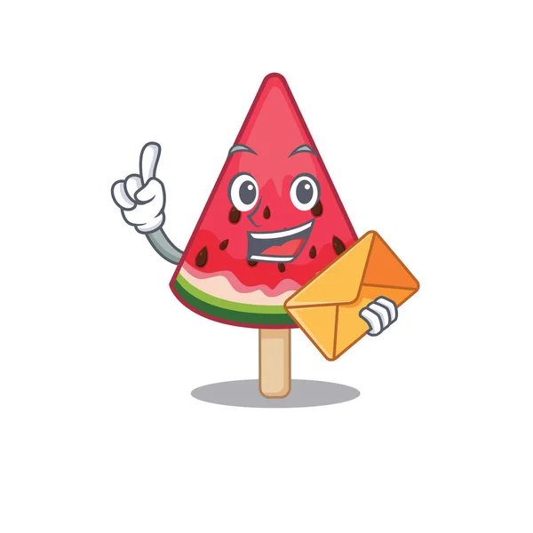 Roztomilý obličej meloun zmrzlina maskot design s obálkou — Stockový vektor