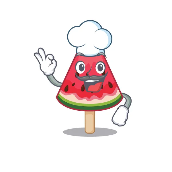 Roztomilý meloun zmrzlina kreslený postava na sobě bílý šéfkuchař klobouk — Stockový vektor