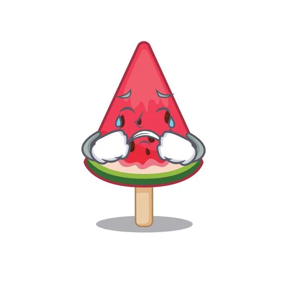 Sebuah gaya desain maskot es krim semangka yang menangis - Stok Vektor