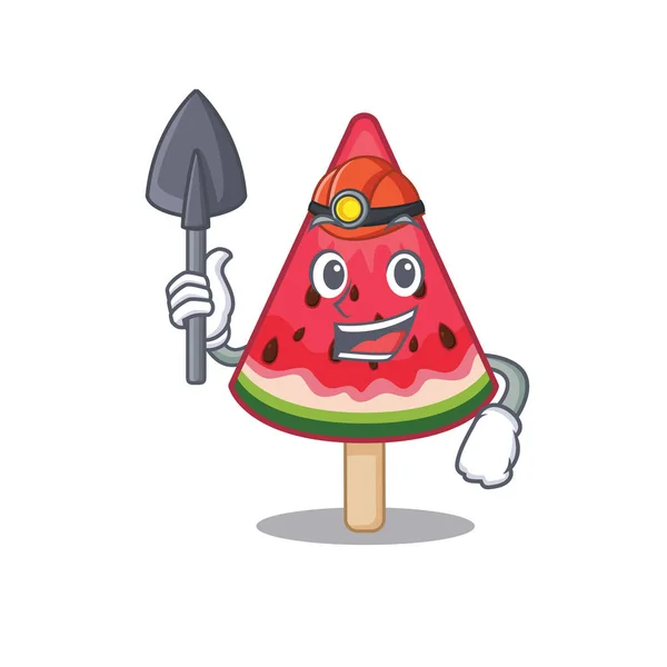 Cool miner worker of watermelon ice cream cartoon character design — Stock Vector