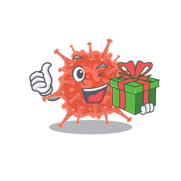 Smiley orthocoronavirinae rajzfilm karakter, amelynek egy ajándék doboz — Stock Vector