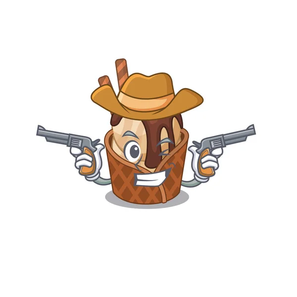 Sorvete de café engraçado como um personagem de desenho animado cowboy segurando armas — Vetor de Stock