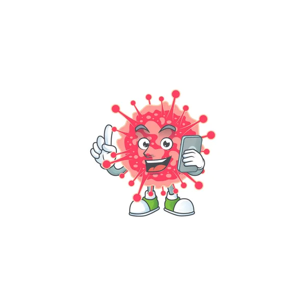 Un dulce coronavirus estilo de diseño de dibujos animados de emergencia hablando por teléfono — Archivo Imágenes Vectoriales