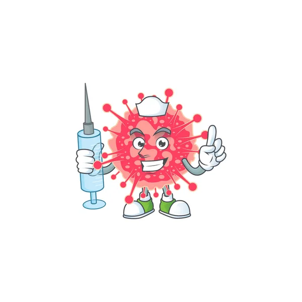 Een aangename verpleegkundige van coronavirus nood mascotte design stijl met behulp van spuit — Stockvector