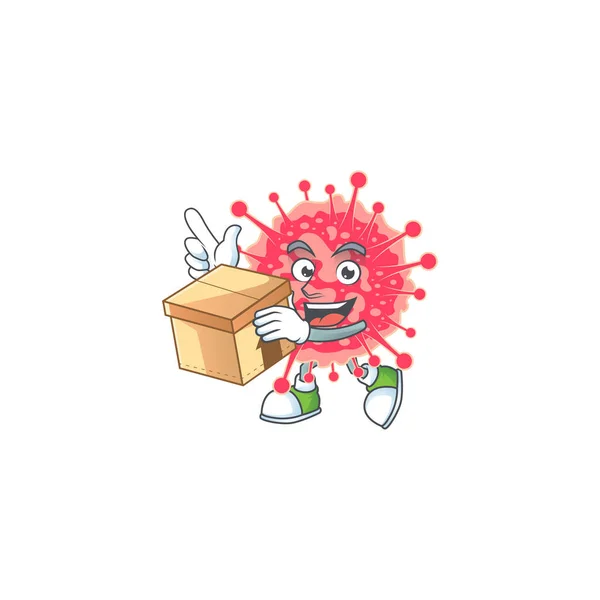Ikon coronavirus gaya desain maskot darurat dengan kotak - Stok Vektor