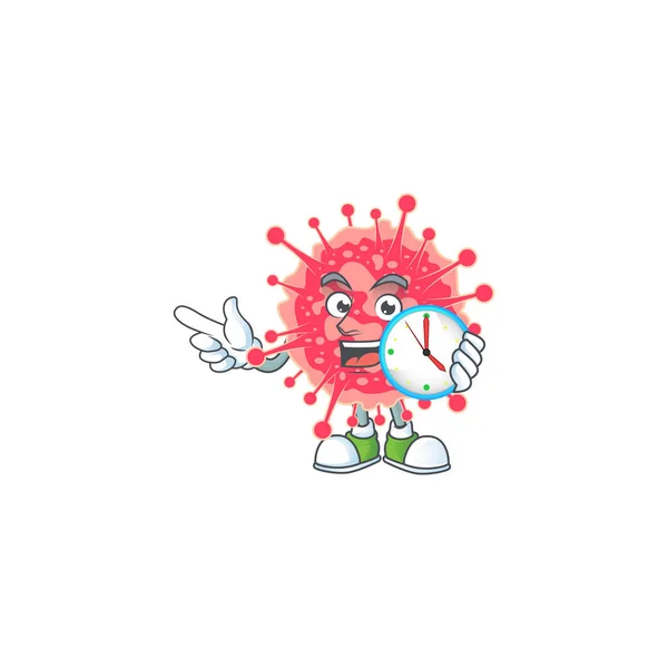 Kreslený postava styl veselý coronavirus nouzové s hodinami — Stockový vektor