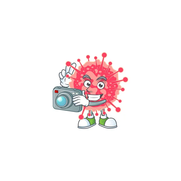 Disegno della mascotte di emergenza Coronavirus come fotografo professionista con una fotocamera — Vettoriale Stock