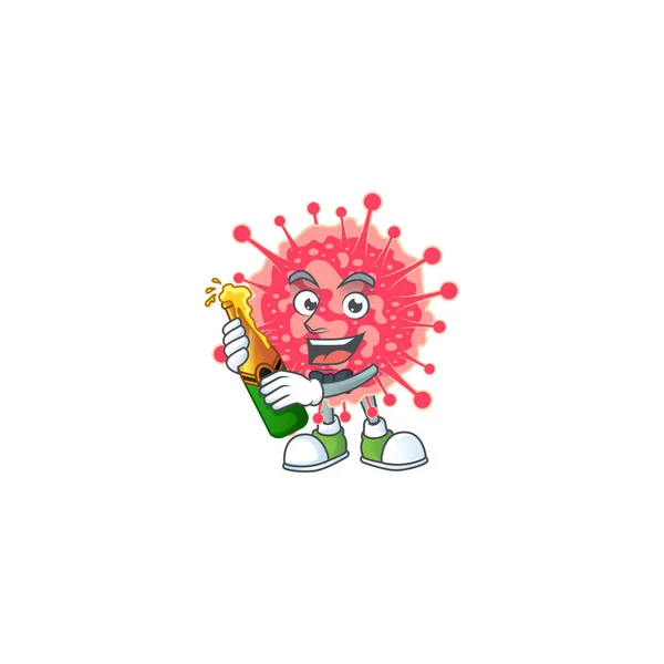 Diseño de dibujos animados mascota de emergencia coronavirus con botella de cerveza — Archivo Imágenes Vectoriales