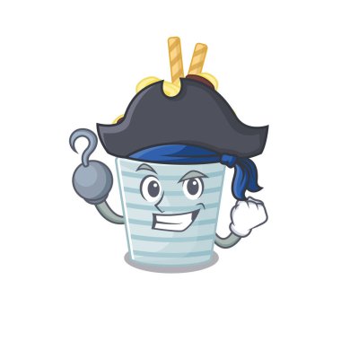 Bir elinde muzlu dondurma, bir elinde Korsan çizgi film tasarımı tarzı şapka.