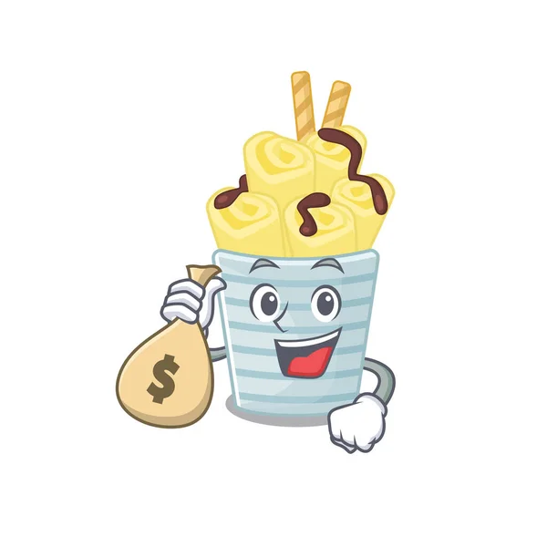 Smiley riche crème glacée banane rouleaux personnage de bande dessinée apporter des sacs d'argent — Image vectorielle